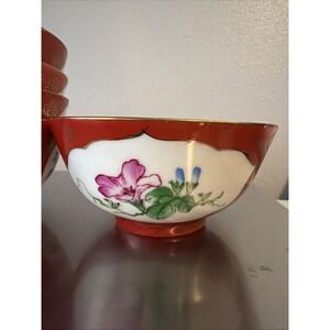 China Famille Coral Red Glazed Porcelain Painted Flower Rice Bowls Set Of 5